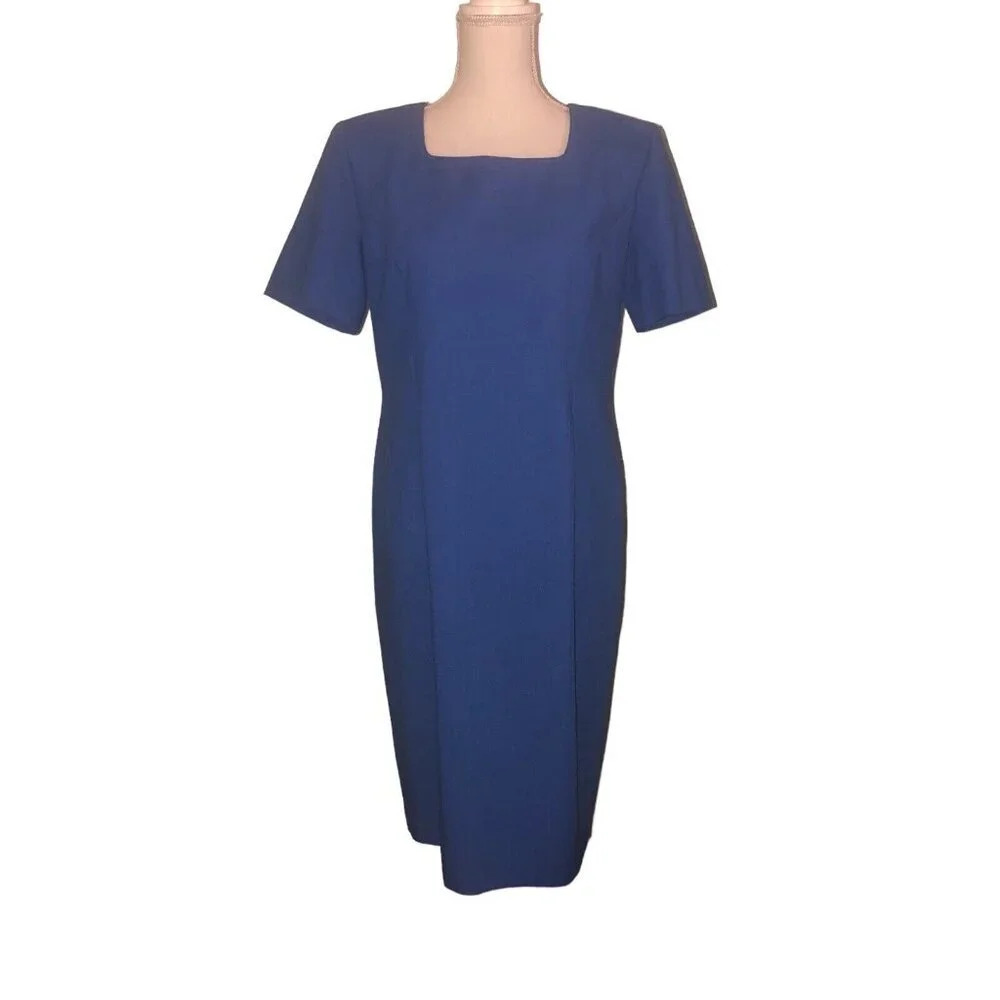 Vtg LESLIE FAY Size 12P Women's Blue Linen Short Sleeve Square Neck Sheath Dress